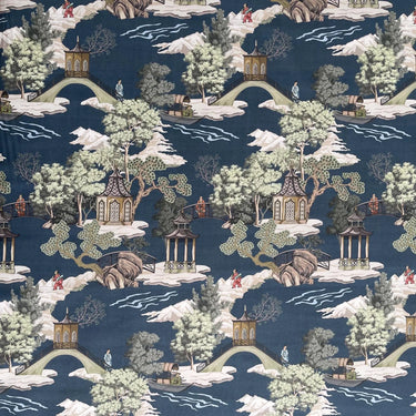 Eastern Elegance blue chinoiserie fabric with pagodas, bridges, and gardens